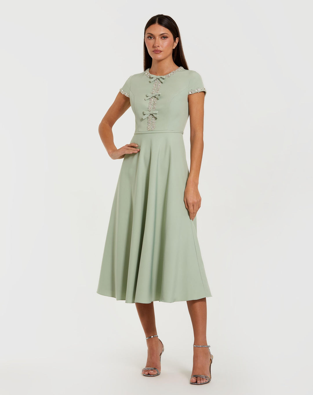 Green Embellished Crepe Cap Sleeve Midi Dress - FOSTANI.com