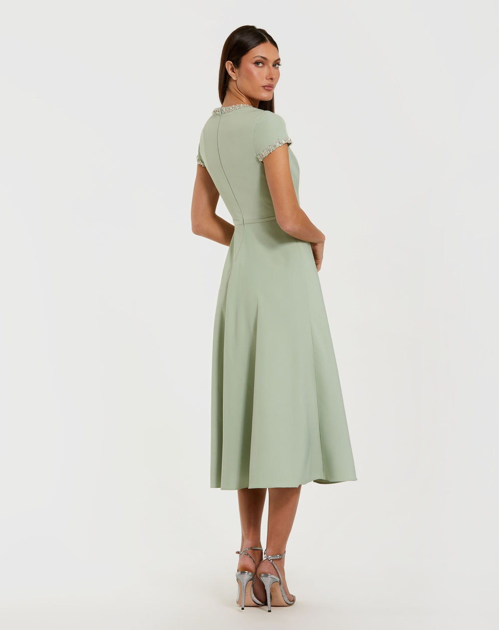 Green Embellished Crepe Cap Sleeve Midi Dress - FOSTANI.com