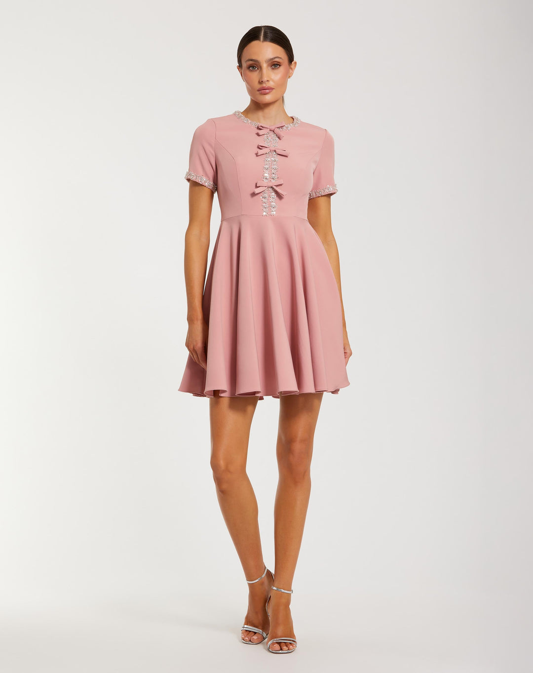Pink Crepe A Line Mini Dress With Rhinestone Beading - FOSTANI.com