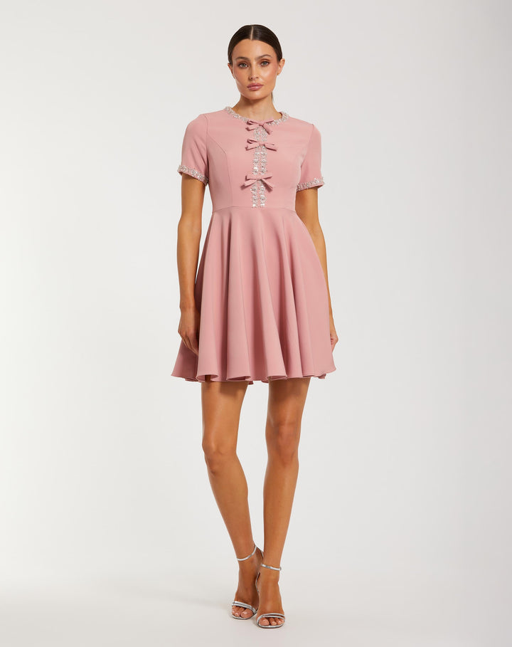 Pink Crepe A Line Mini Dress With Rhinestone Beading - FOSTANI.com
