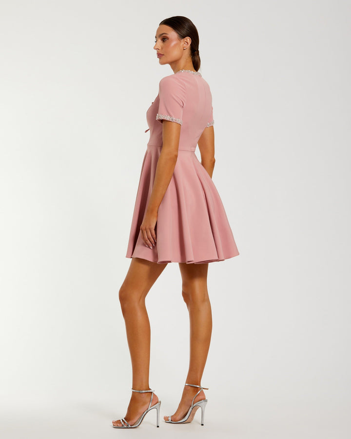 Pink Crepe A Line Mini Dress With Rhinestone Beading - FOSTANI.com