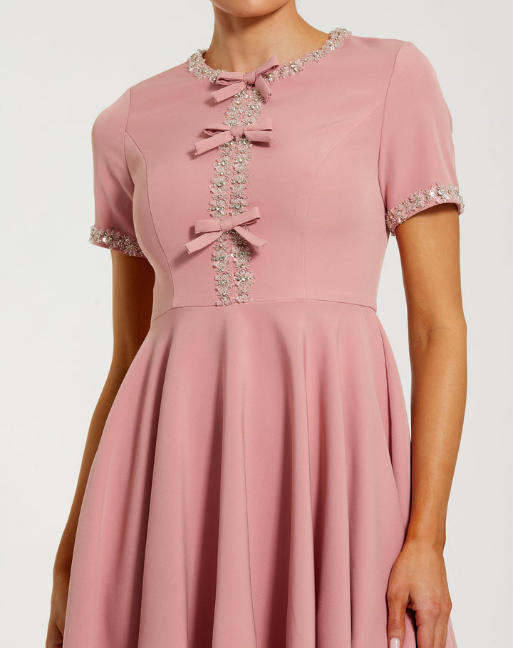 Pink Crepe A Line Mini Dress With Rhinestone Beading - FOSTANI.com
