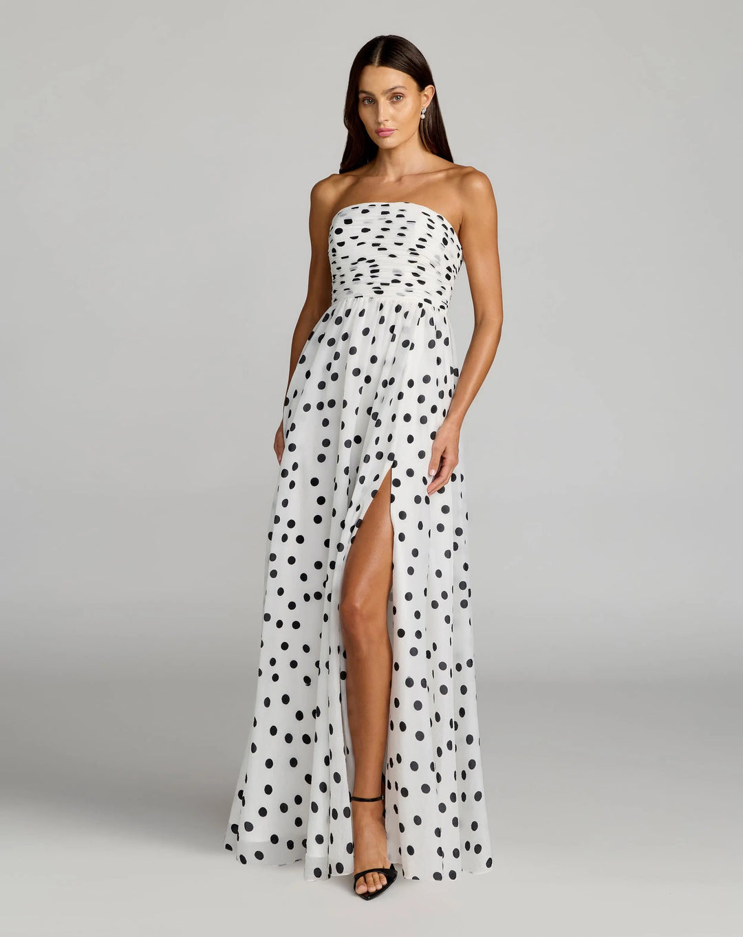 White Polka Dot Strapless Viscose Gown With Slit - FOSTANI.com