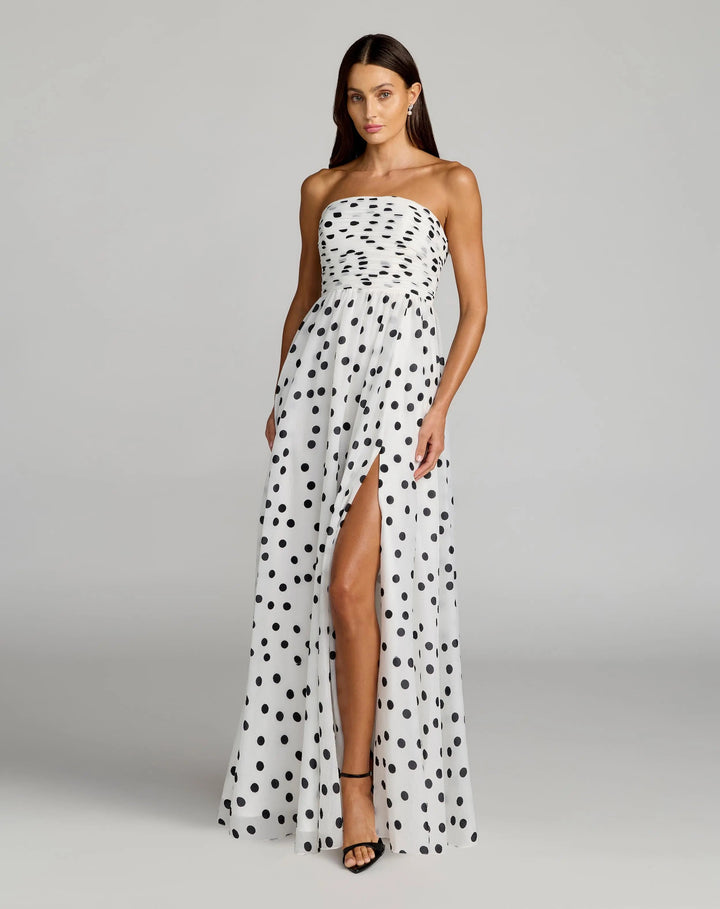 White Polka Dot Strapless Viscose Gown With Slit - FOSTANI.com
