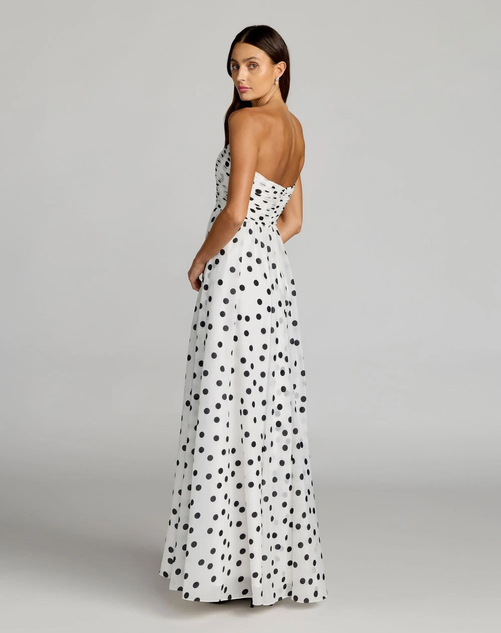 White Polka Dot Strapless Viscose Gown With Slit - FOSTANI.com