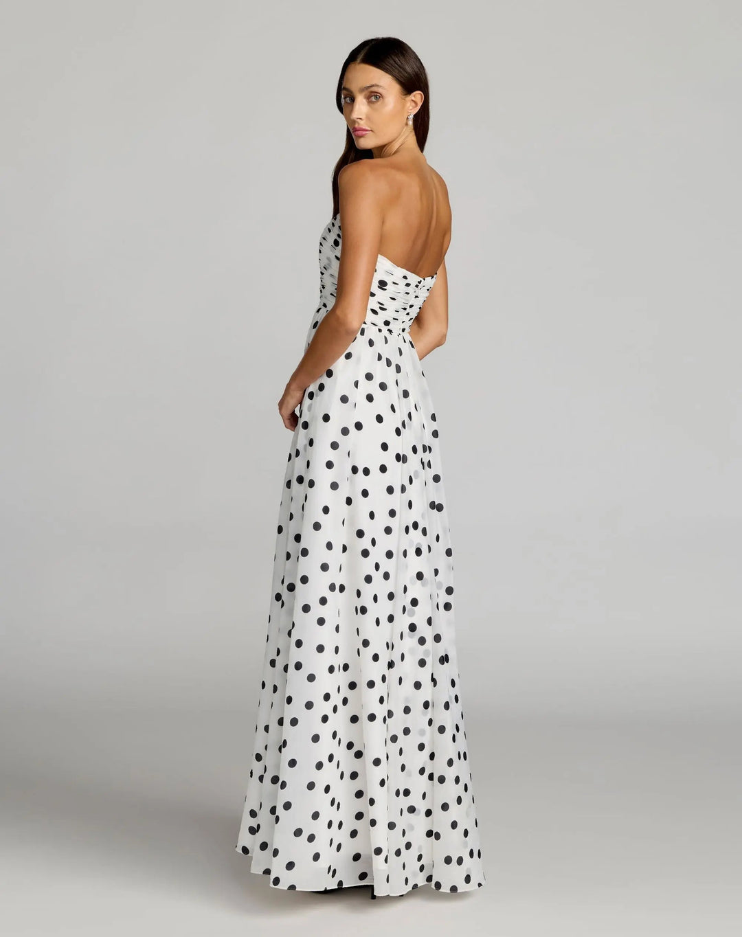 White Polka Dot Strapless Viscose Gown With Slit - FOSTANI.com
