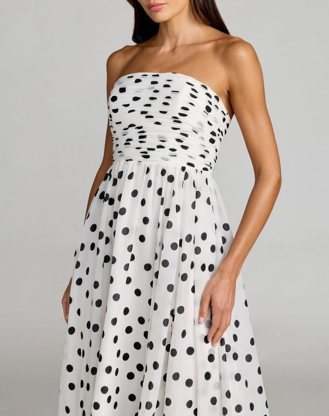 White Polka Dot Strapless Viscose Gown With Slit - FOSTANI.com