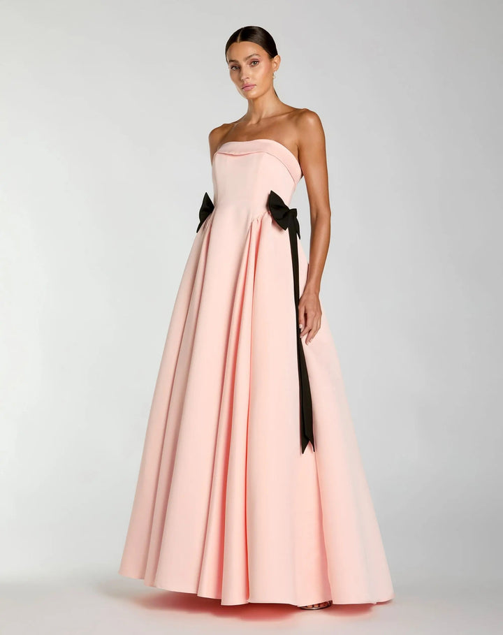 Pink Satin Strapless Ball Gown With Bow Details - FOSTANI.com