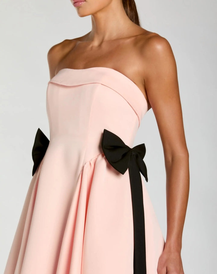 Pink Satin Strapless Ball Gown With Bow Details - FOSTANI.com