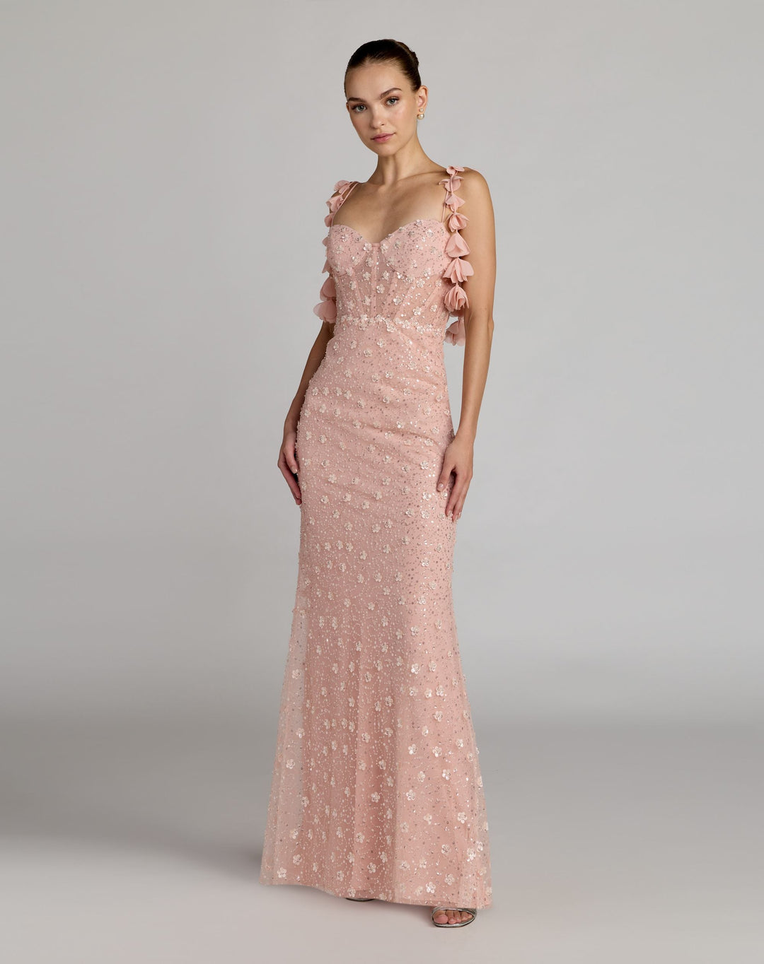 Pink Sweetheart Neck Embellished Gown With Floral Detail - FOSTANI.com