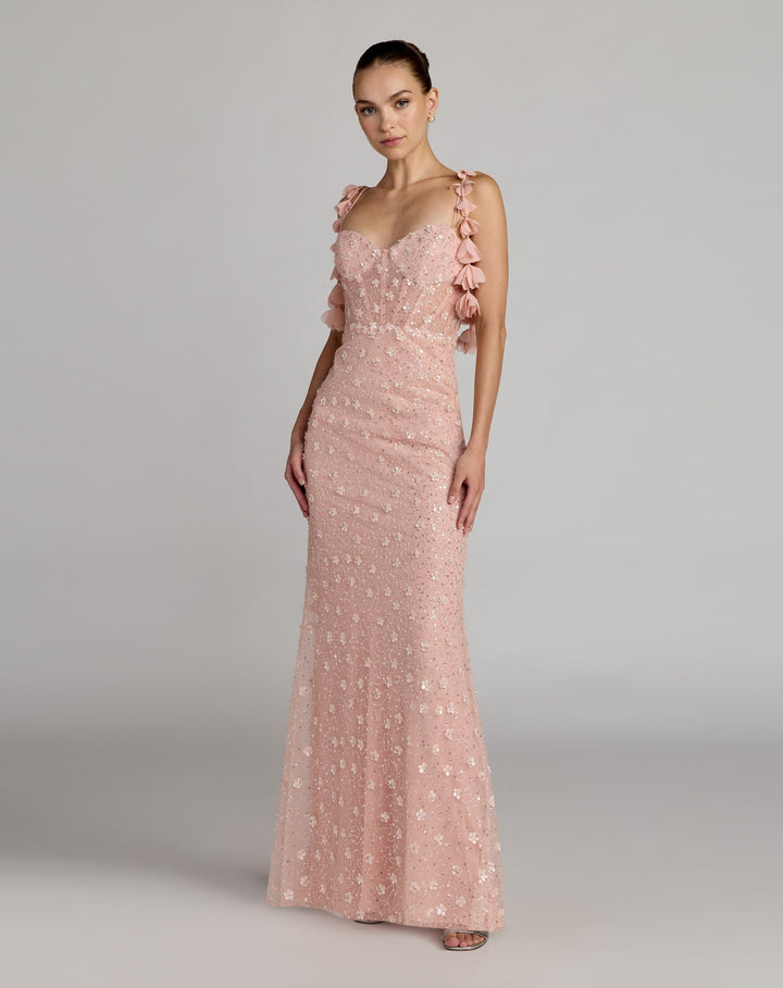 Pink Sweetheart Neck Embellished Gown With Floral Detail - FOSTANI.com