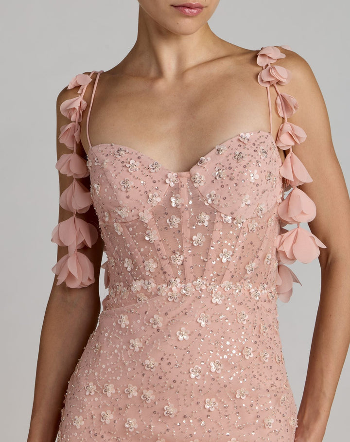 Pink Sweetheart Neck Embellished Gown With Floral Detail - FOSTANI.com