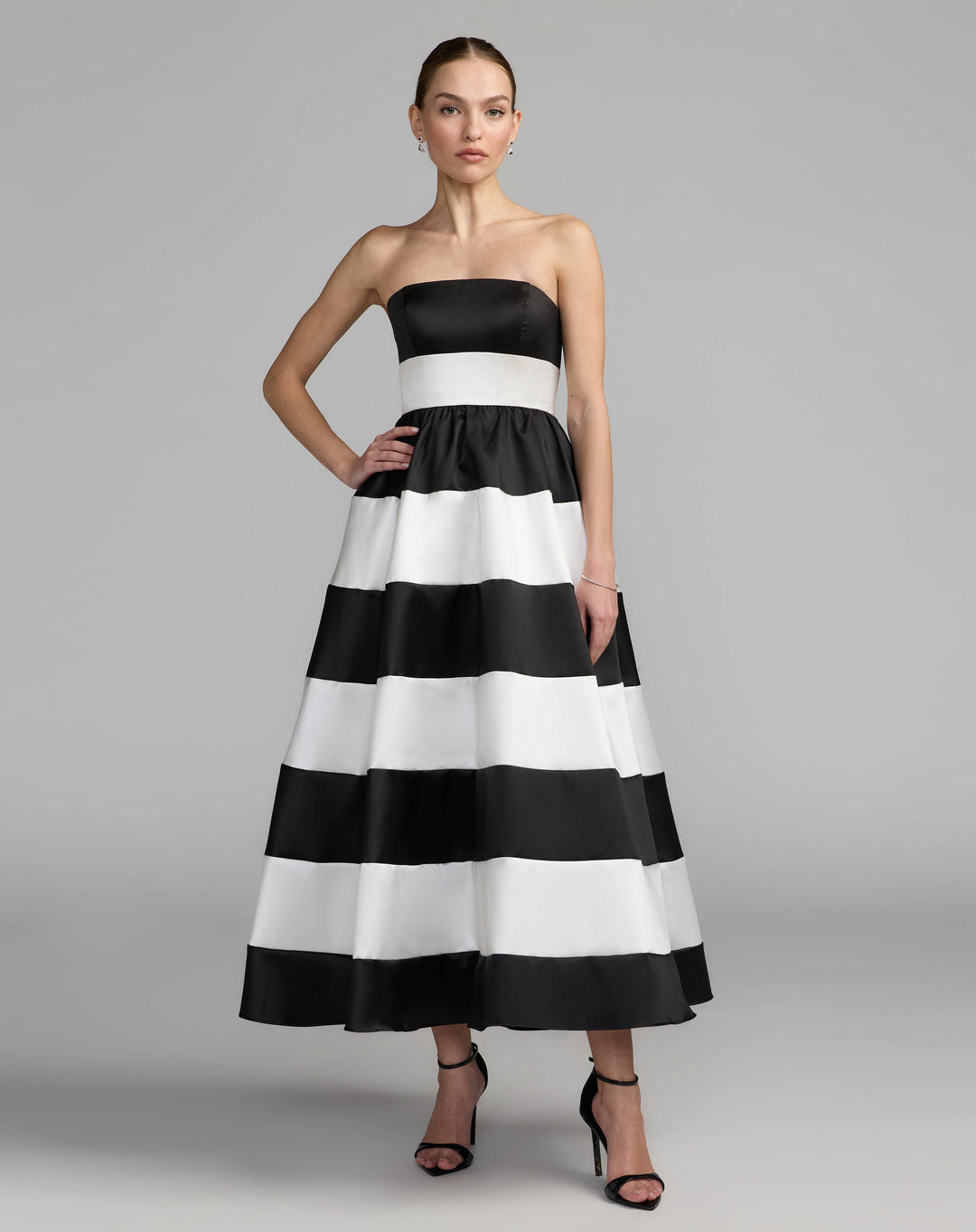 Mac Duggal 56281 Black Ivory Striped Strapless Mikado Midi Dress - FOSTANI.com