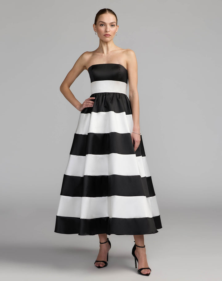Mac Duggal 56281 Black Ivory Striped Strapless Mikado Midi Dress - FOSTANI.com