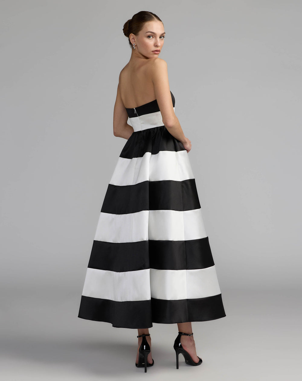Mac Duggal 56281 Black Ivory Striped Strapless Mikado Midi Dress - FOSTANI.com