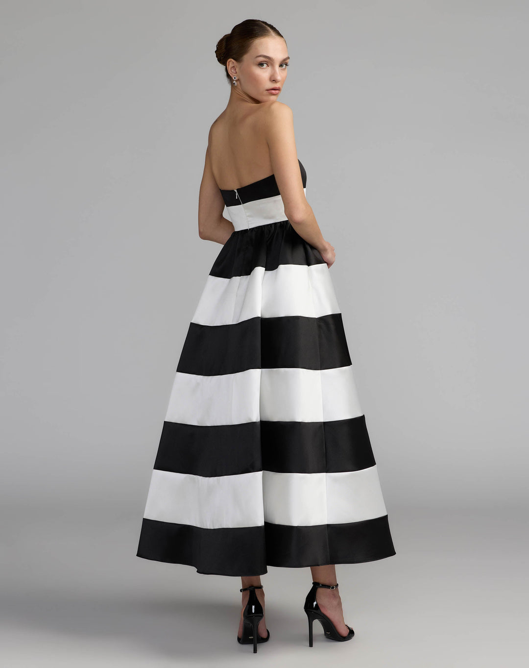Mac Duggal 56281 Black Ivory Striped Strapless Mikado Midi Dress - FOSTANI.com