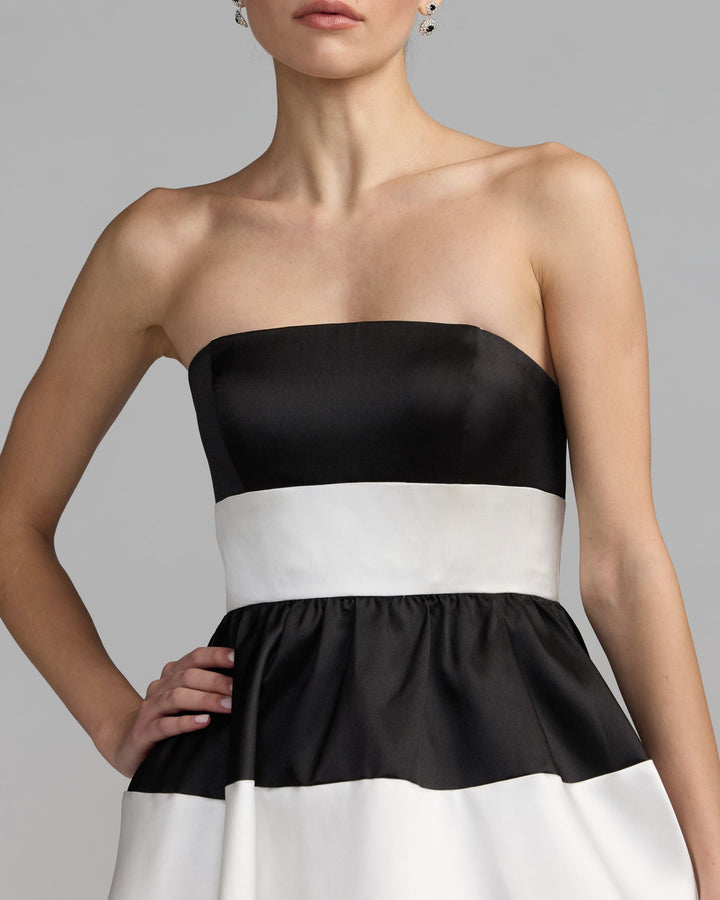 Mac Duggal 56281 Black Ivory Striped Strapless Mikado Midi Dress - FOSTANI.com