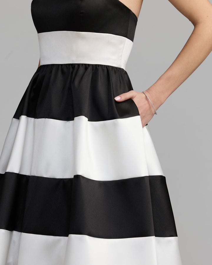 Mac Duggal 56281 Black Ivory Striped Strapless Mikado Midi Dress - FOSTANI.com