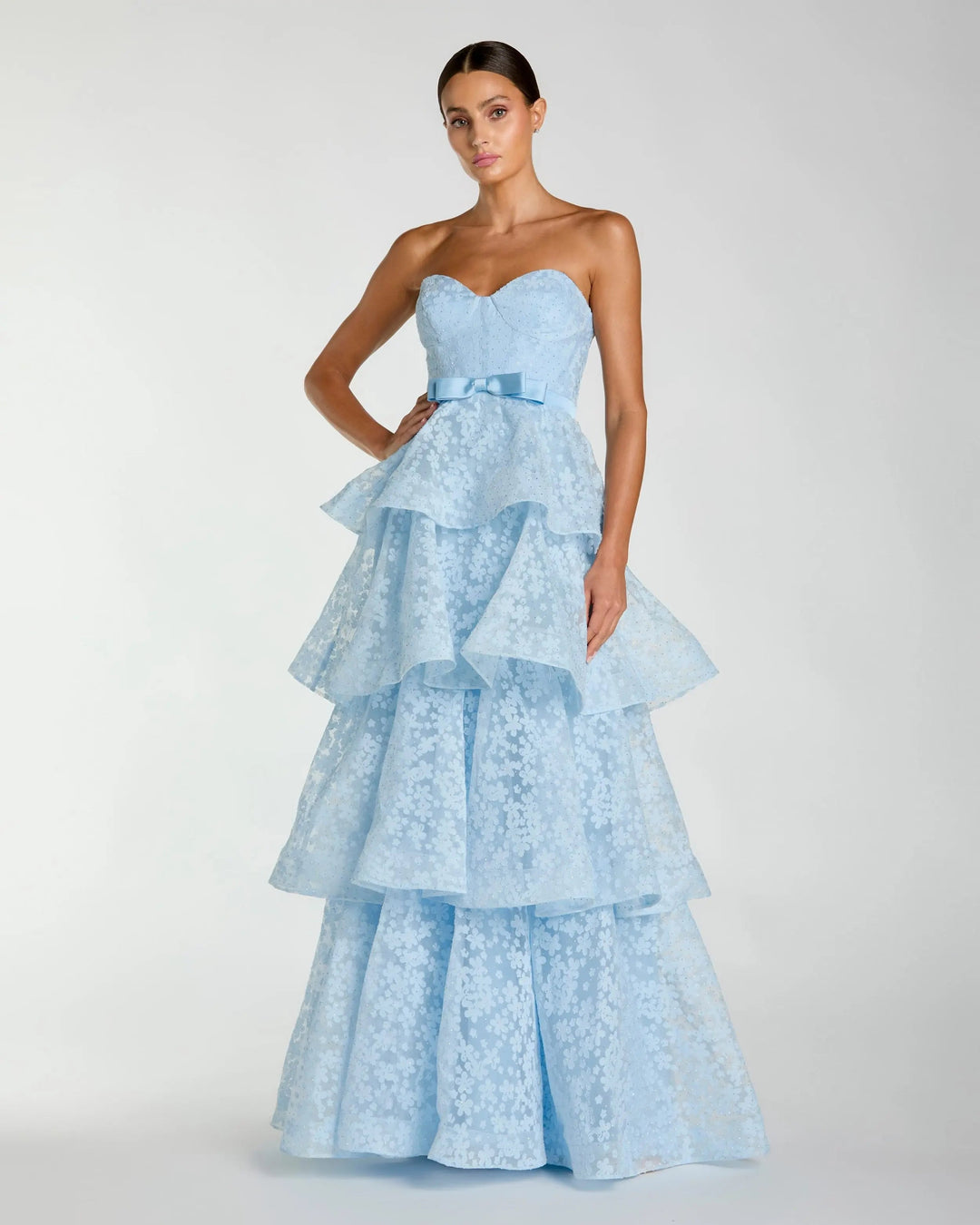 Blue Strapless Floral Organza Tiered Gown with Bow - FOSTANI.com