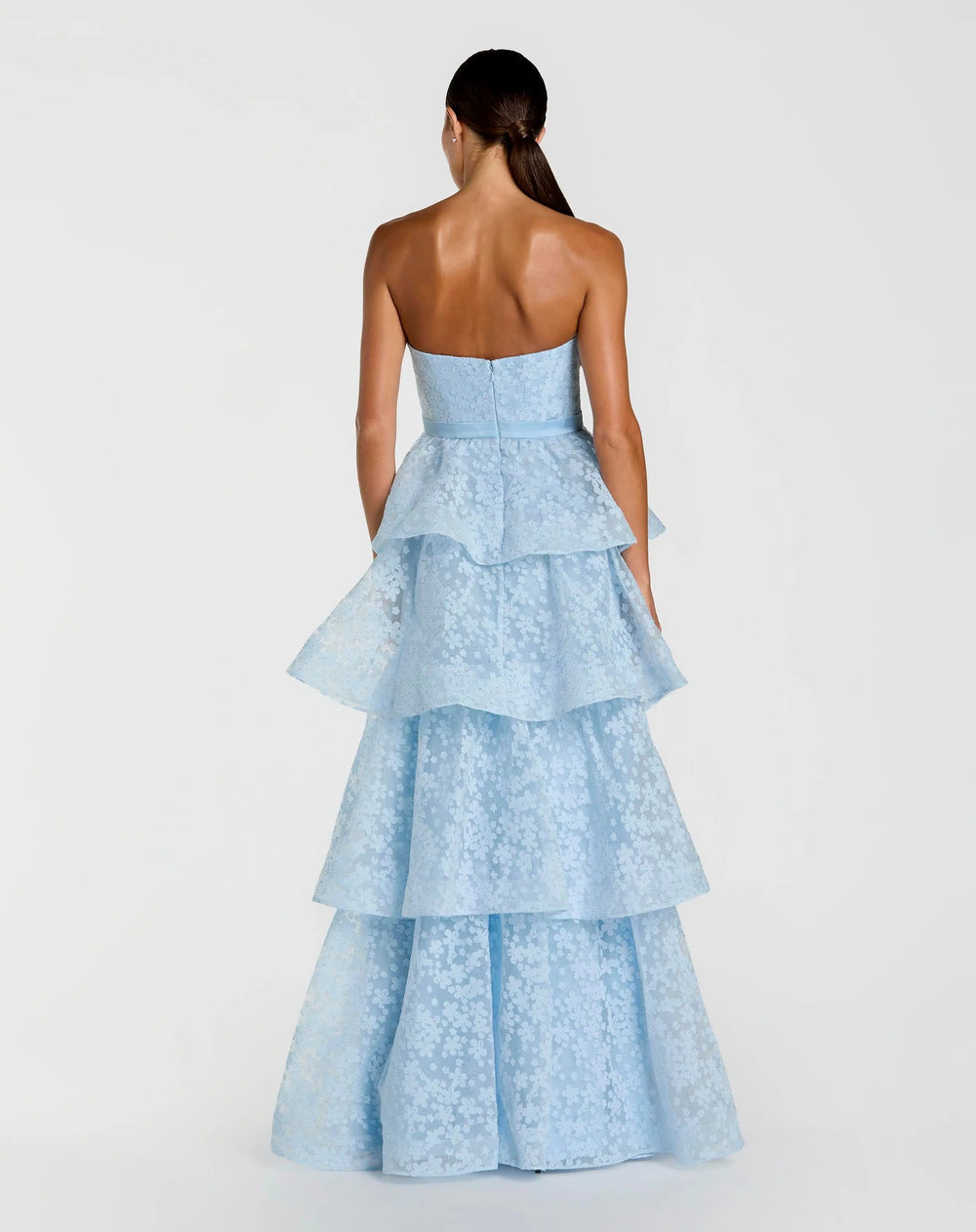 Blue Strapless Floral Organza Tiered Gown with Bow - FOSTANI.com