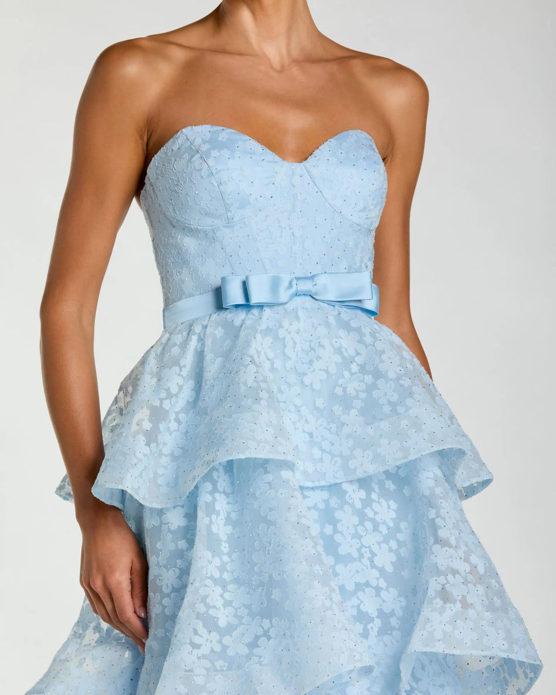 Blue Strapless Floral Organza Tiered Gown with Bow - FOSTANI.com