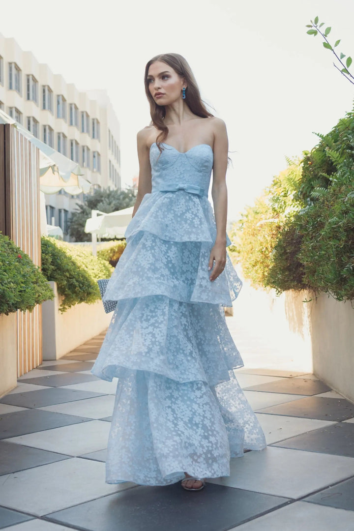 Blue Strapless Floral Organza Tiered Gown with Bow - FOSTANI.com