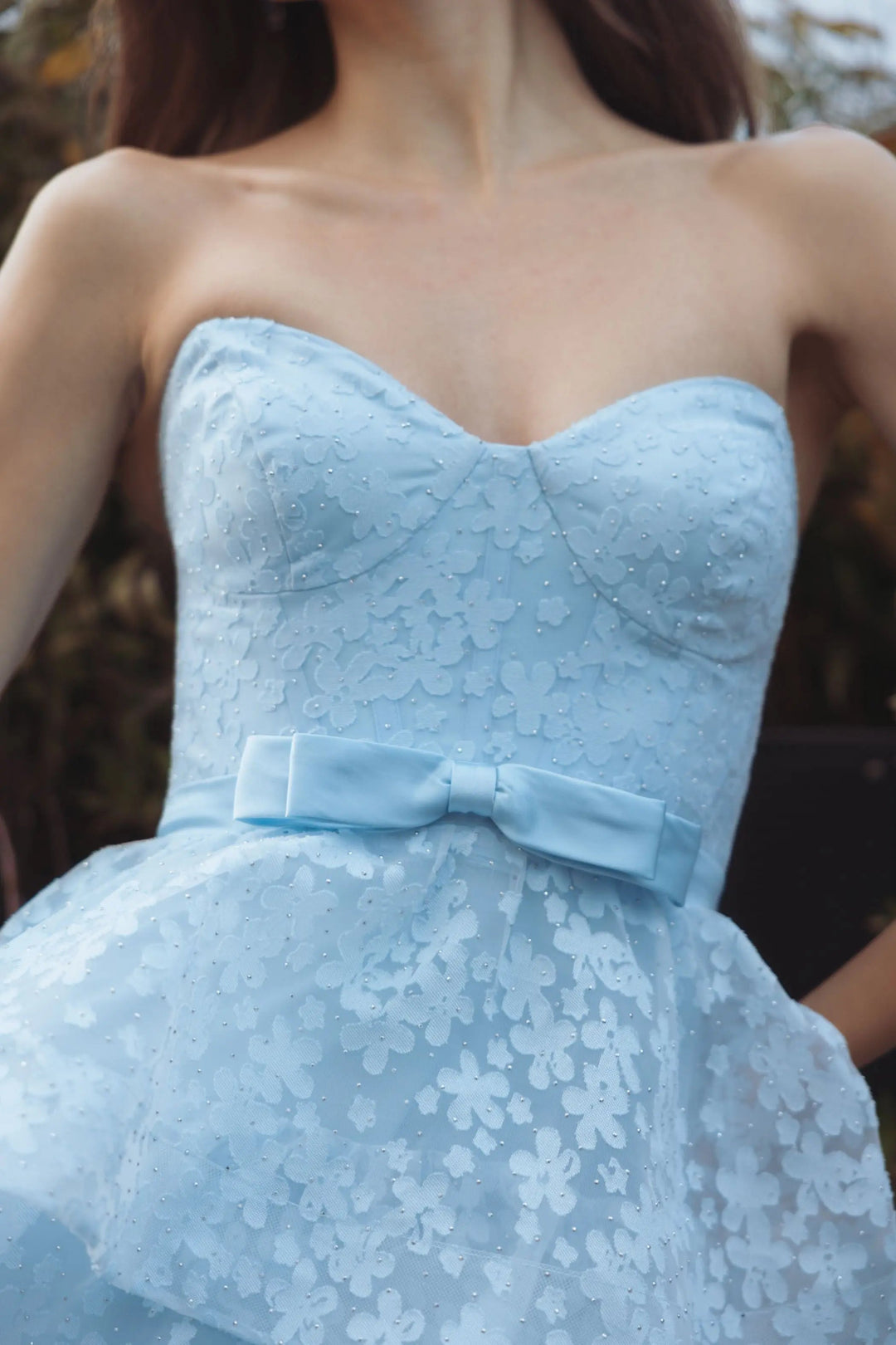 Blue Strapless Floral Organza Tiered Gown with Bow - FOSTANI.com