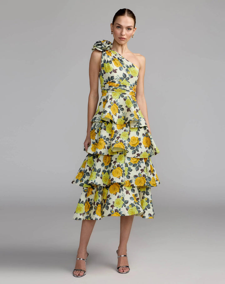 Yellow One Shoulder Floral Tiered Midi Dress - FOSTANI.com