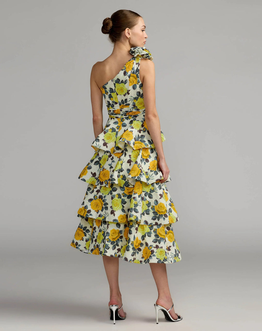 Yellow One Shoulder Floral Tiered Midi Dress - FOSTANI.com