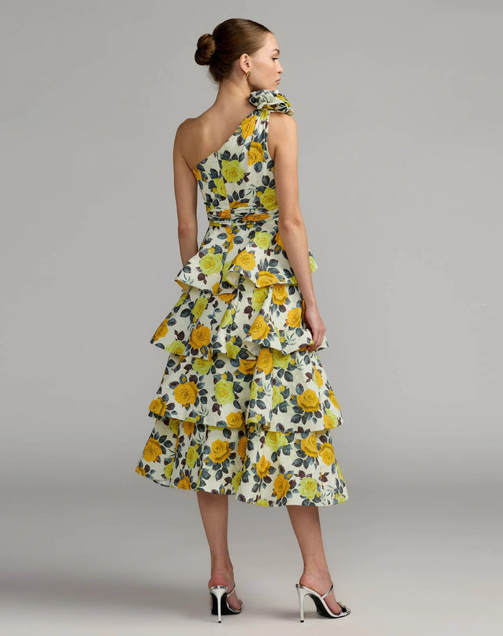 Yellow One Shoulder Floral Tiered Midi Dress - FOSTANI.com