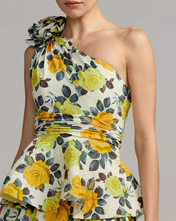 Yellow One Shoulder Floral Tiered Midi Dress - FOSTANI.com