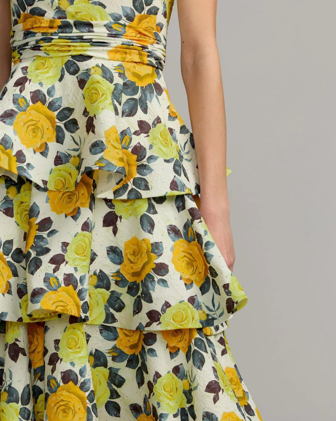 Yellow One Shoulder Floral Tiered Midi Dress - FOSTANI.com