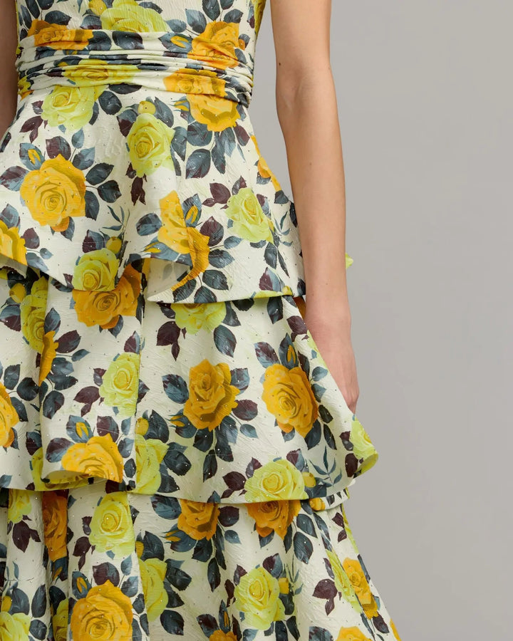 Yellow One Shoulder Floral Tiered Midi Dress - FOSTANI.com