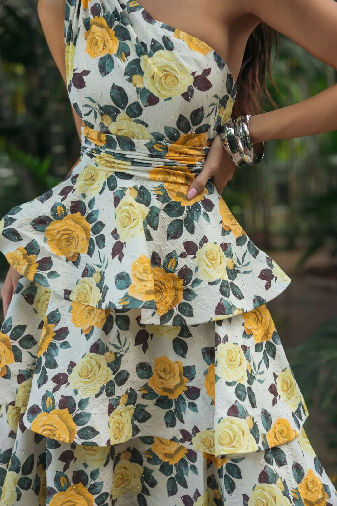 Yellow One Shoulder Floral Tiered Midi Dress - FOSTANI.com