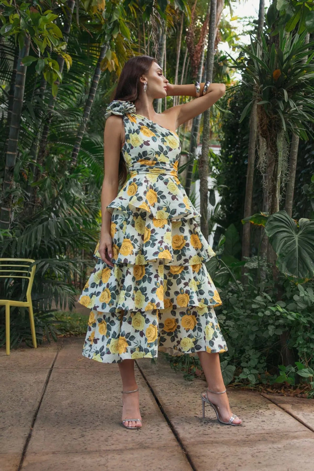 Yellow One Shoulder Floral Tiered Midi Dress - FOSTANI.com
