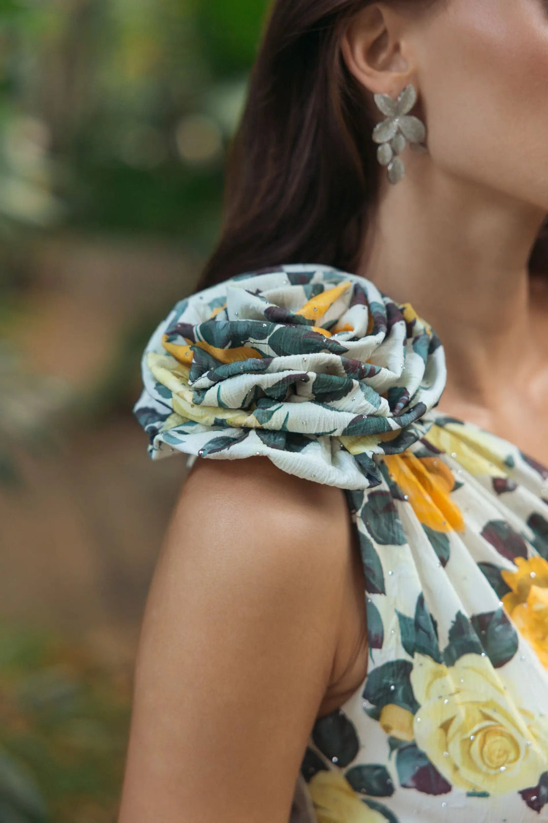 Yellow One Shoulder Floral Tiered Midi Dress - FOSTANI.com