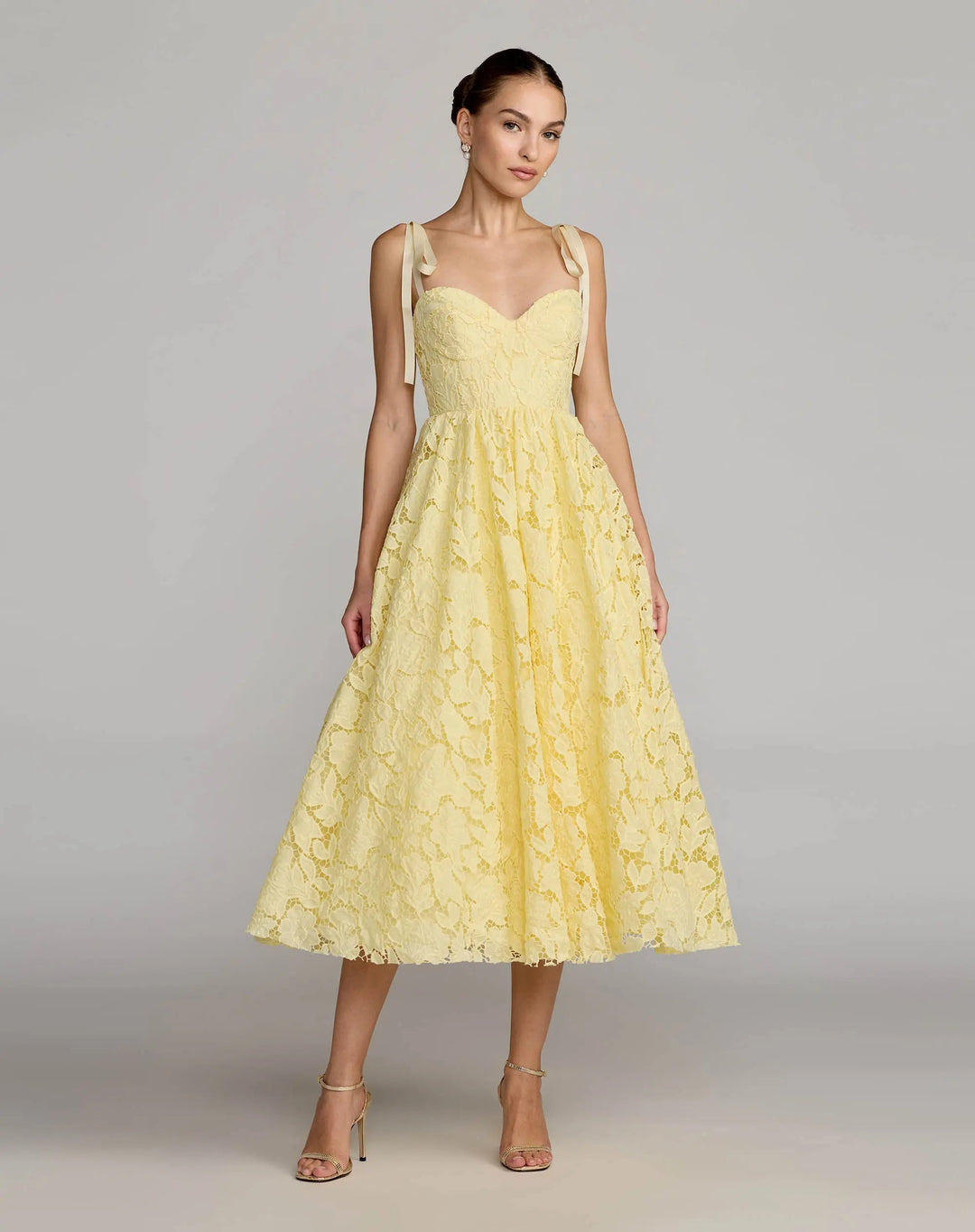 Yellow Lace Bow Strap Midi Dress - FOSTANI.com
