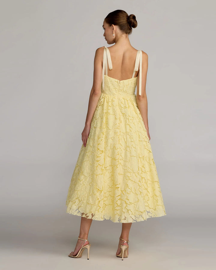 Yellow Lace Bow Strap Midi Dress - FOSTANI.com