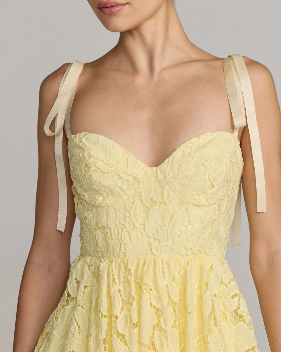 Yellow Lace Bow Strap Midi Dress - FOSTANI.com