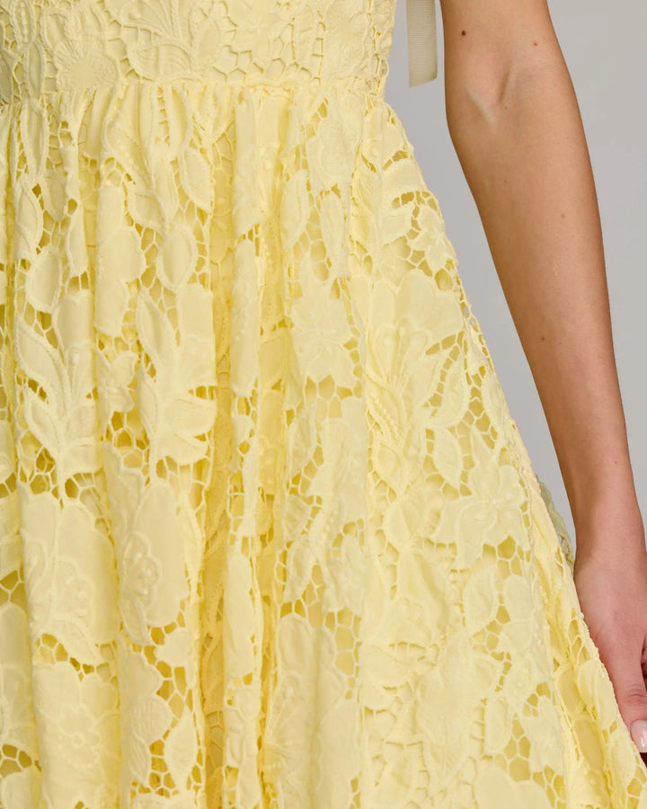 Yellow Lace Bow Strap Midi Dress - FOSTANI.com