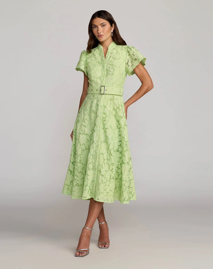 Green Embroidered Lace Belted Midi Dress - FOSTANI.com