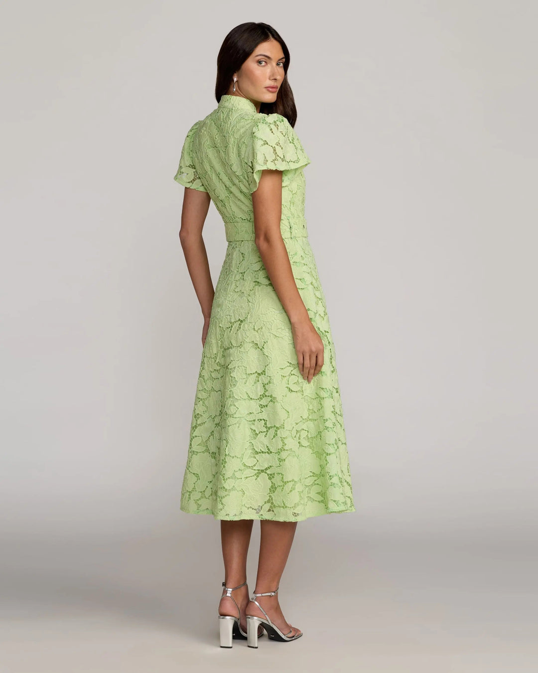 Green Embroidered Lace Belted Midi Dress - FOSTANI.com
