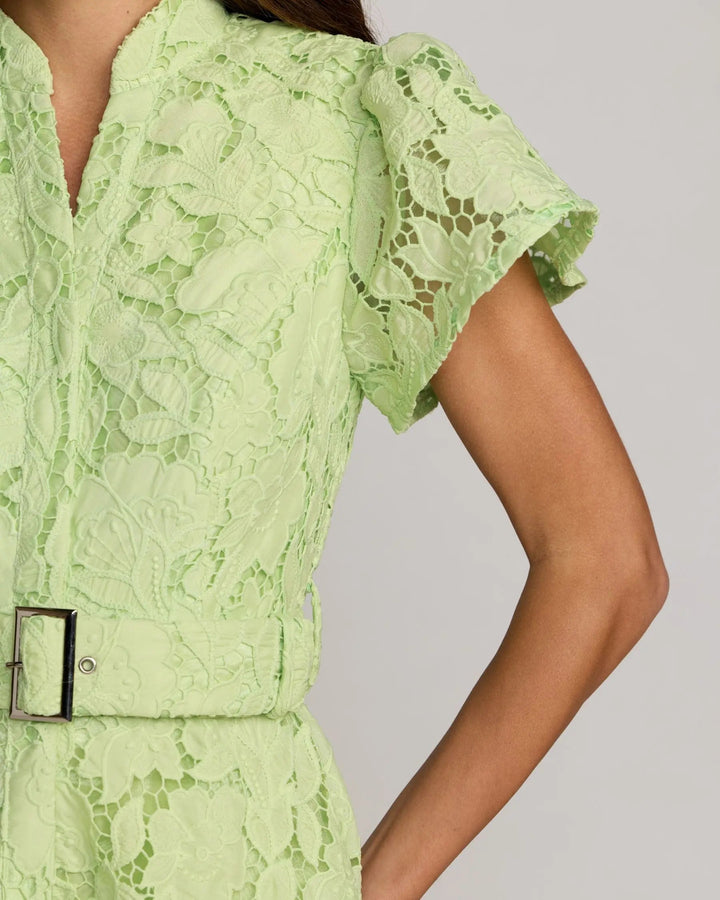 Green Embroidered Lace Belted Midi Dress - FOSTANI.com