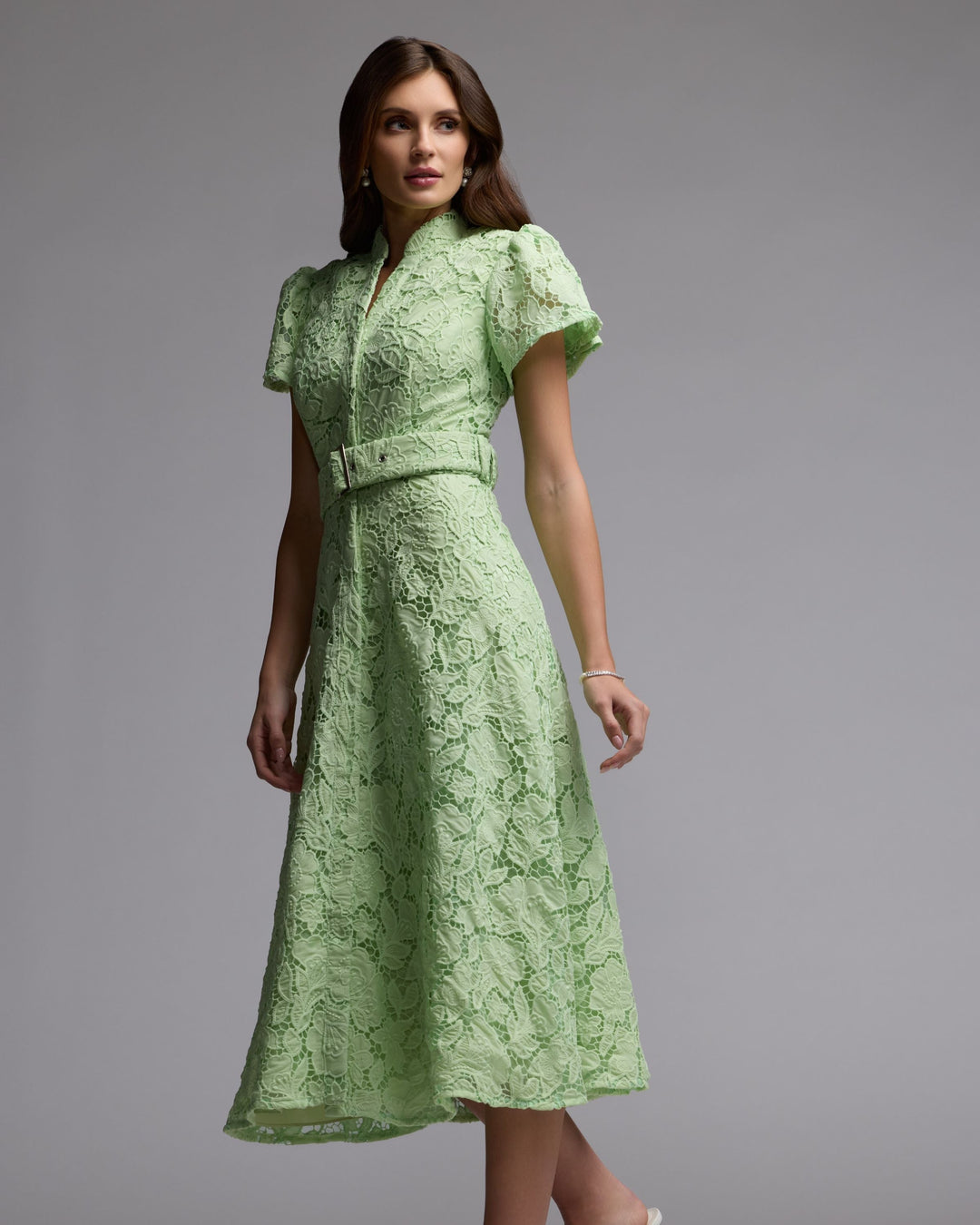 Green Embroidered Lace Belted Midi Dress - FOSTANI.com