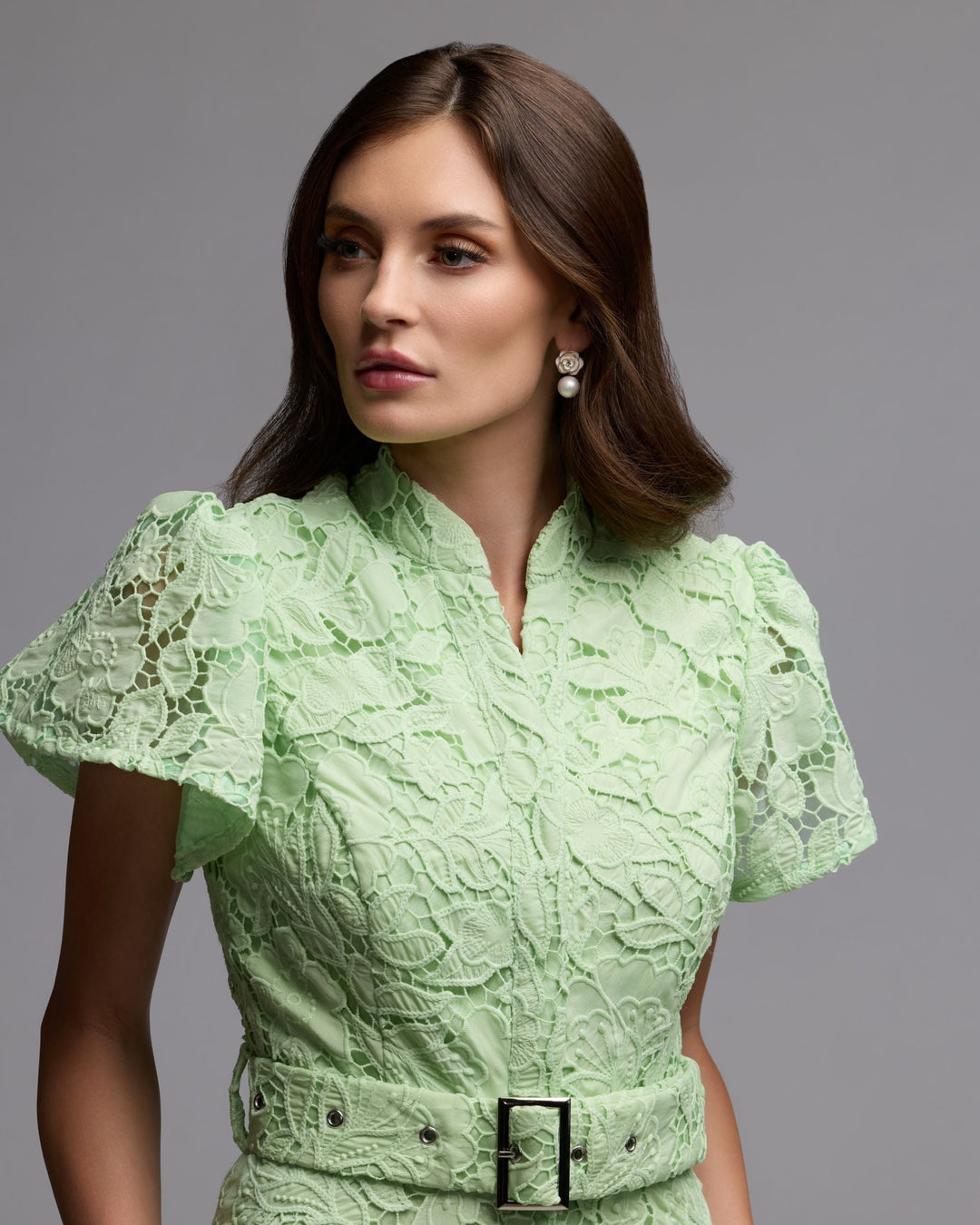 Green Embroidered Lace Belted Midi Dress - FOSTANI.com