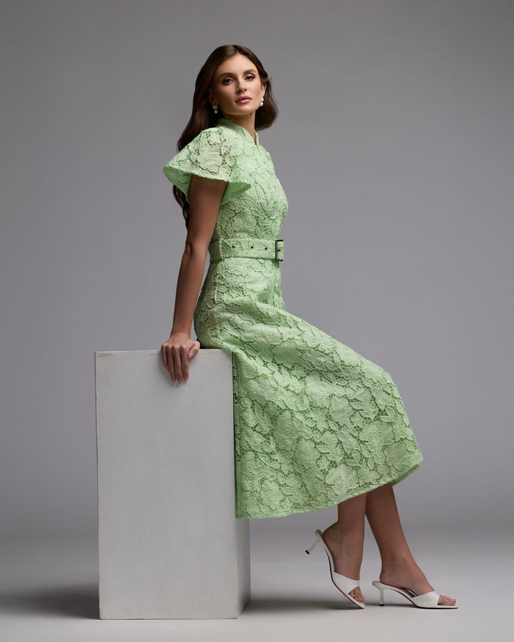 Green Embroidered Lace Belted Midi Dress - FOSTANI.com