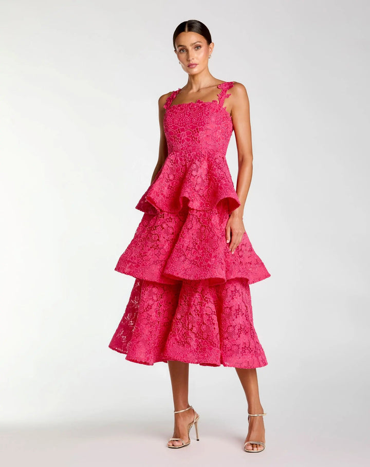 Pink Sleeveless Embroidered Lace Ruffle Midi Dress - FOSTANI.com