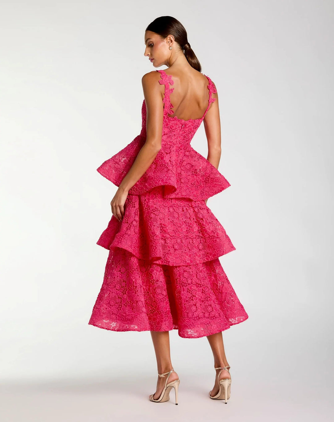 Pink Sleeveless Embroidered Lace Ruffle Midi Dress - FOSTANI.com