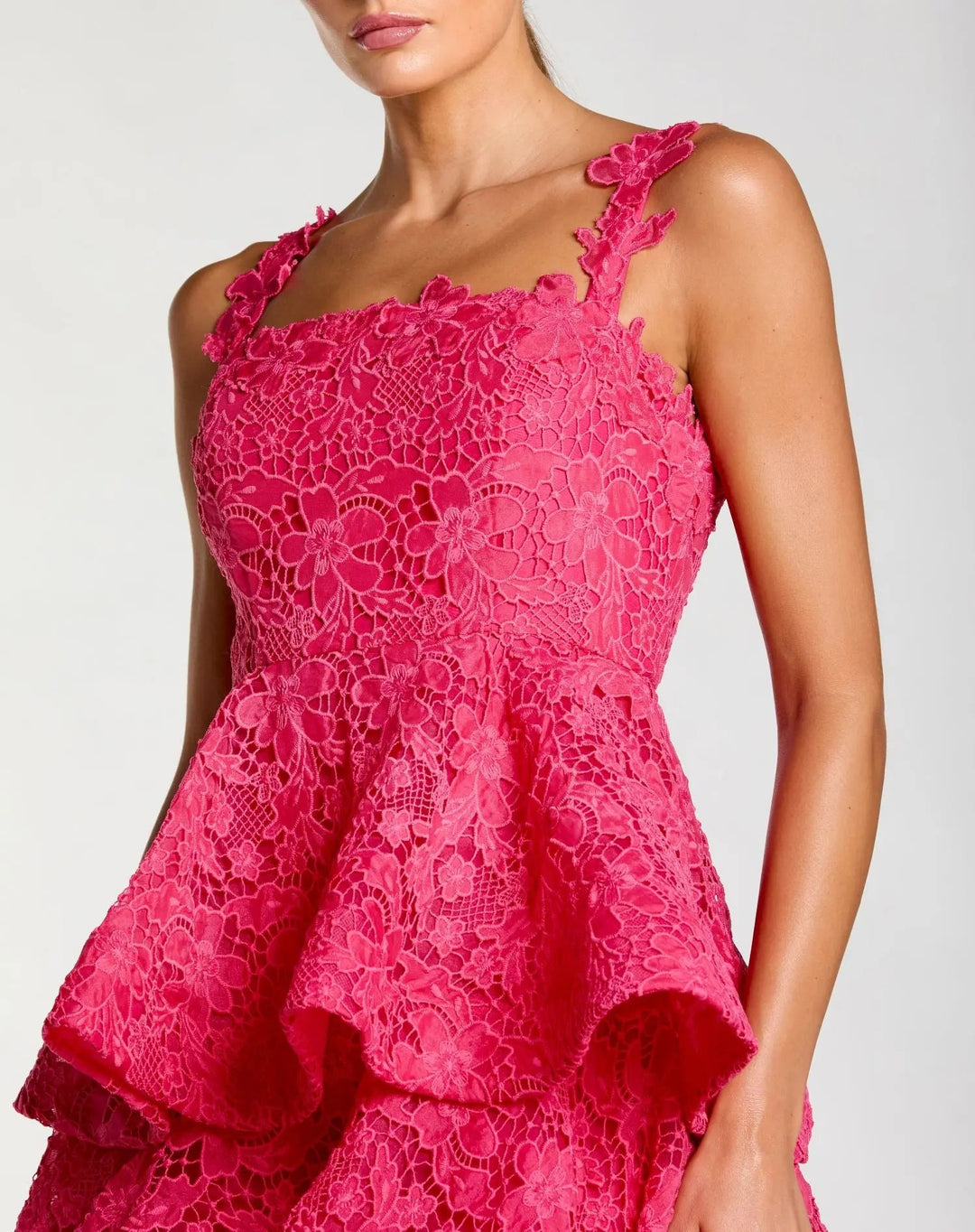 Pink Sleeveless Embroidered Lace Ruffle Midi Dress - FOSTANI.com