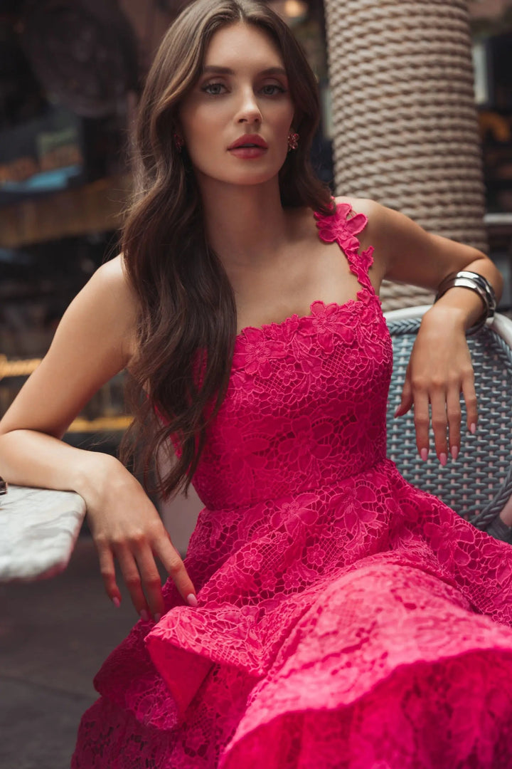 Pink Sleeveless Embroidered Lace Ruffle Midi Dress - FOSTANI.com